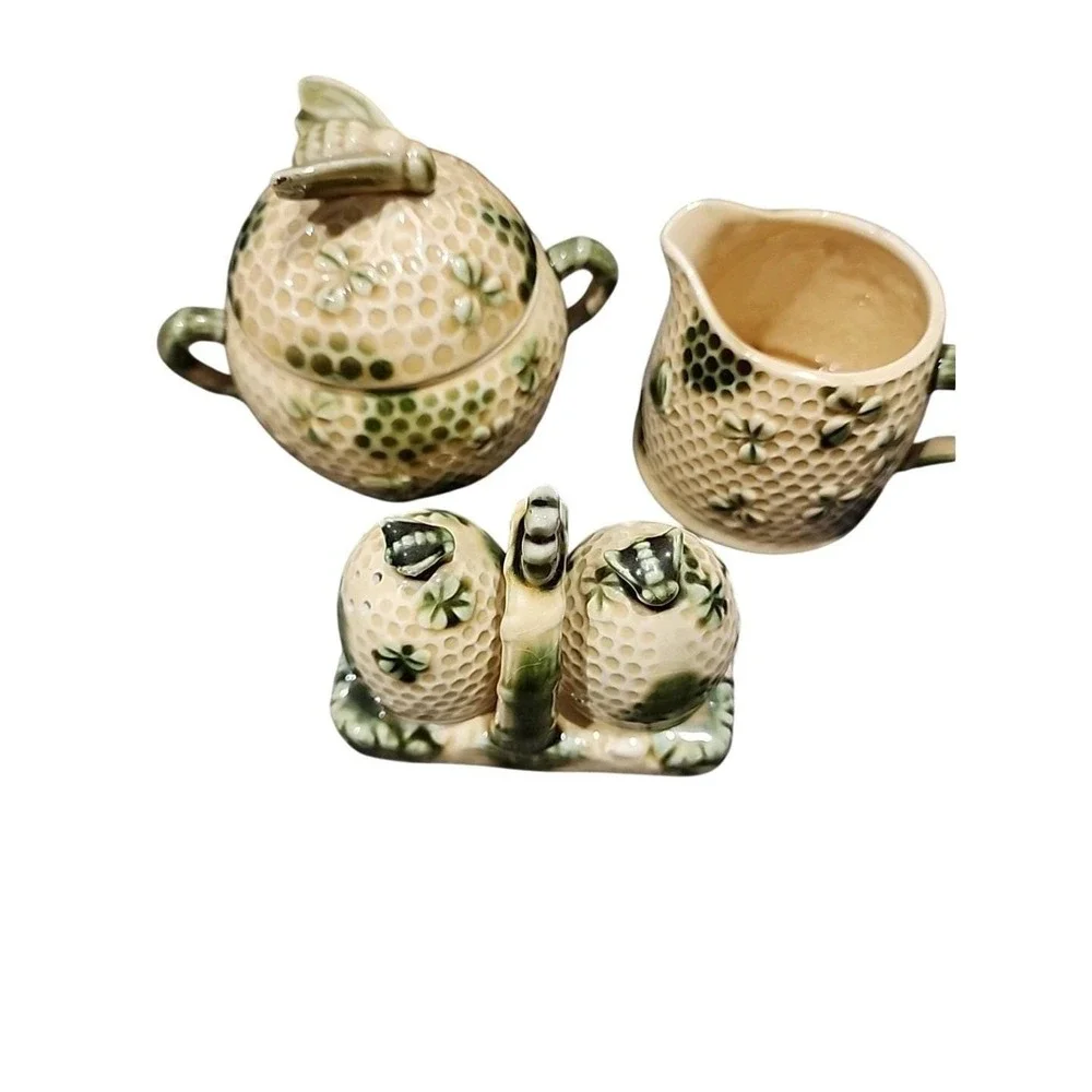 Vintage Brinn's Honey Bee Comb Clover Creamer, Sugar set Lovely, Salt And Pepper